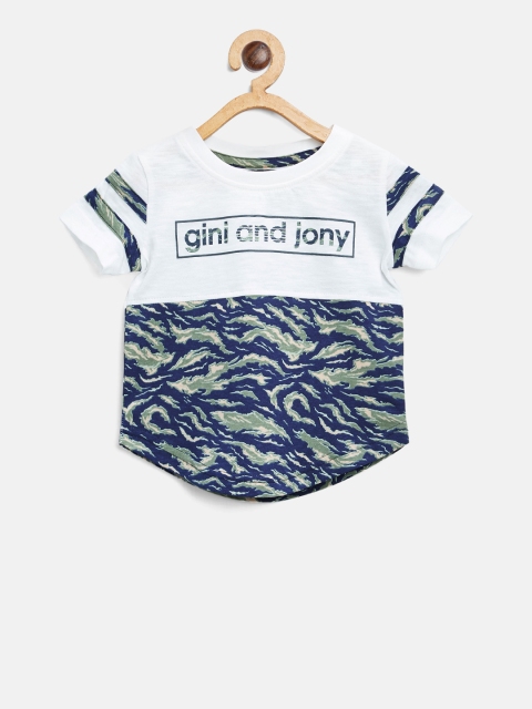 

Gini and Jony Boys White & Navy Printed Round Neck T-shirt