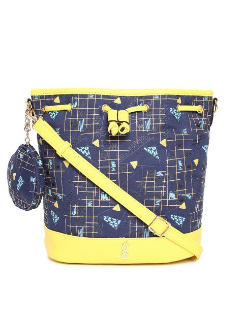 

Global Desi Navy Blue & Yellow Printed Sling Bag