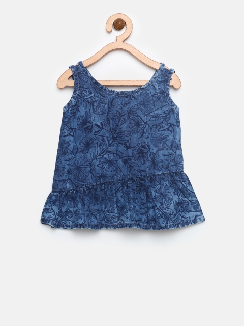 

Gini and Jony Girls Navy Printed Chambray A-Line Pure Cotton Top, Navy blue
