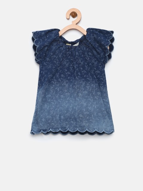

Gini and Jony Girls Navy Blue Printed Chambray Pure Cotton Top