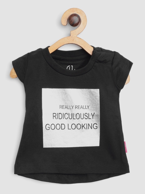

Gini and Jony Girls Black Silver Typography Printed Round Neck Pure Cotton T-shirt