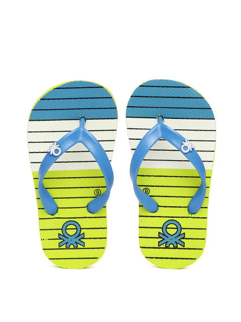 

United Colors of Benetton Kids Blue & Fluorescent Green Striped Thong Flip-Flops