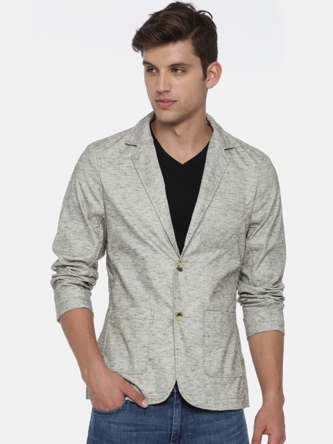 

British Club Men Grey Melange Self Design Single-Breasted Slim Fit Casual Blazer