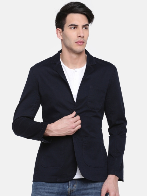

British Club Men Navy Solid Single-Breasted Slim Fit Casual Blazer, Navy blue