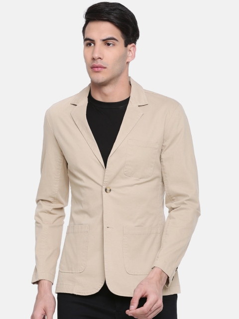 

British Club Men Beige Solid Single-Breasted Slim Fit Casual Blazer