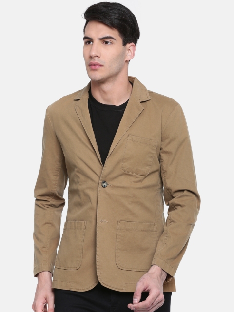 

British Club Men Khaki Solid Single-Breasted Slim Fit Casual Blazer