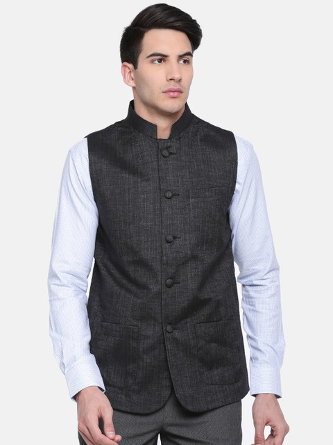

British Club Men Charcoal Grey Solid Nehru Jacket