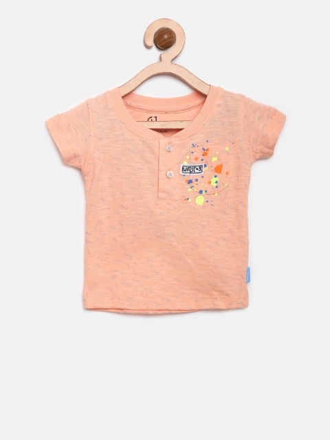 

Gini and Jony Boys Peach-Coloured Printed Henley Neck Pure Cotton T-shirt