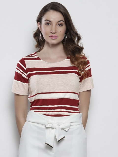 

DOROTHY PERKINS Women Beige & Maroon Striped Round Neck T-shirt
