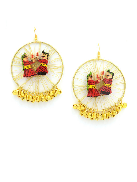 

Krafted with Happiness Gold-Toned Raja Rani Hand-Painted Golden Hoop Ghungroo Earrings
