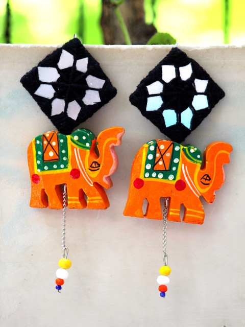 

Krafted with Happiness Black & Orange Tribal Elephant Hand-Painted Mirror Earrings