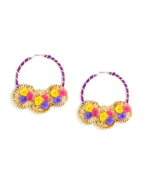 

Krafted with Happiness Purple & Gold-Toned Gota Floral Handcrafted Statement Hoop Earrings