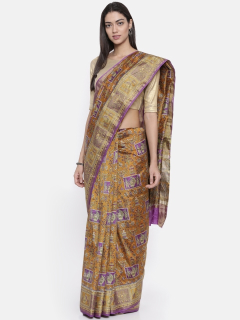 

KUPINDA Mustard Yellow Printed Kalamkari Art Silk Saree