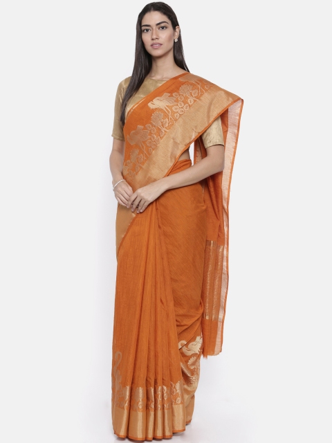 

KUPINDA Rust Orange Art Silk Solid Kanjeevaram Saree