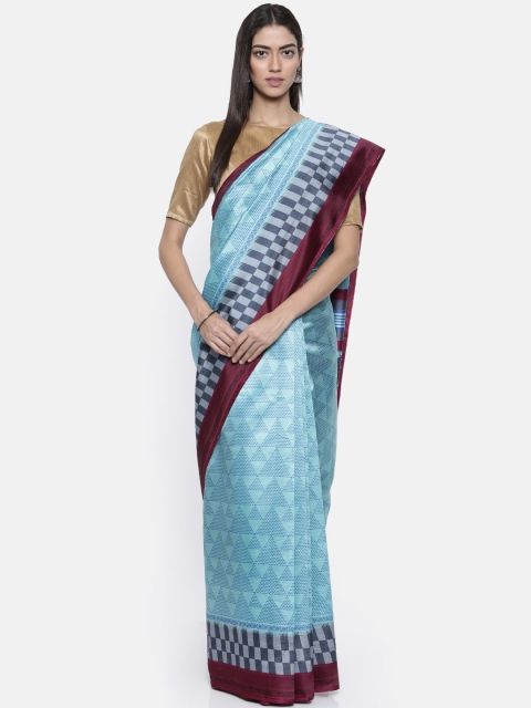 

KUPINDA Turquoise Blue Geometric Printed Art Silk Saree