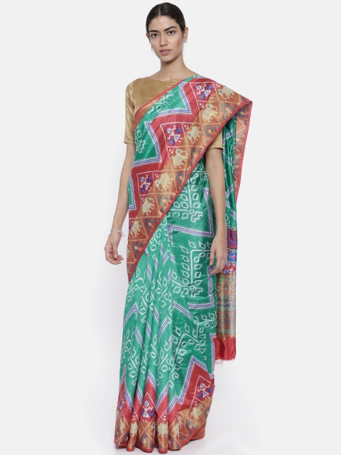 

KUPINDA Green & Red Kalamkari Print Art Silk Saree