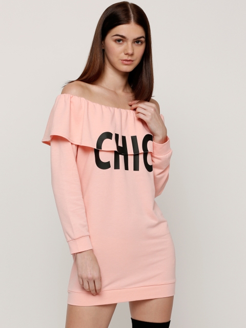 

Splash Women Peach-Coloured Printed Off-Shoulder Bodycon Dress