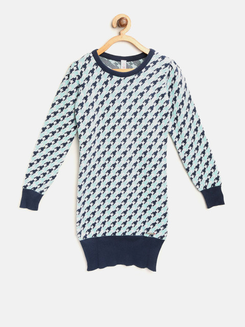 

U.S. Polo Assn. Kids Girls Blue & White Houndstooth Patterned Sweater Dress
