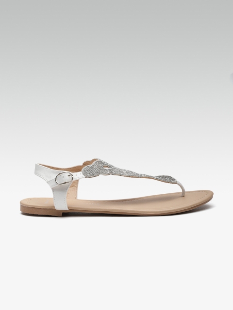 

DOROTHY PERKINS Women Silver-Toned & White Embellished Open-Toe Flats