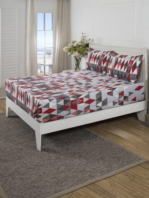 

MASPAR Grey & Red Abstract Flat 210 TC Cotton 1 Queen Bedsheet with 2 Pillow Covers