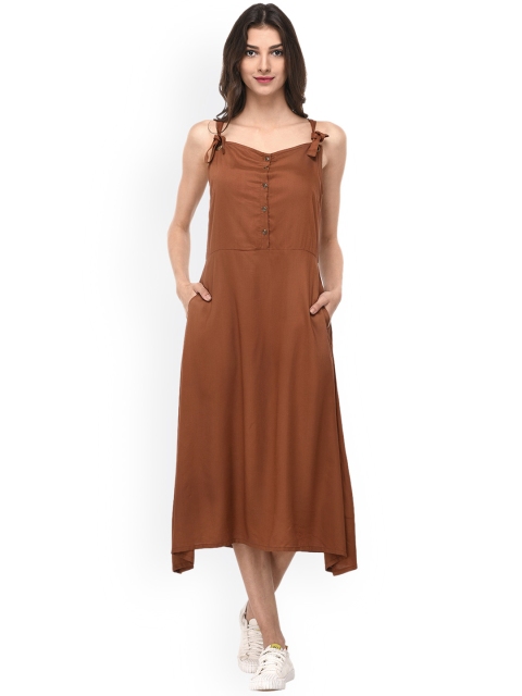 

PURYS Women Brown Solid Fit and Flare Dress