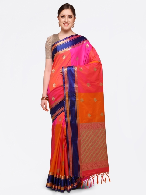 

Varkala Silk Sarees Orange & Pink Silk Blend Woven Design Kanjeevaram Saree