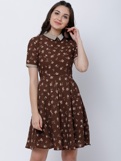 

Tokyo Talkies Women Brown Printed Fit and Flare Dress