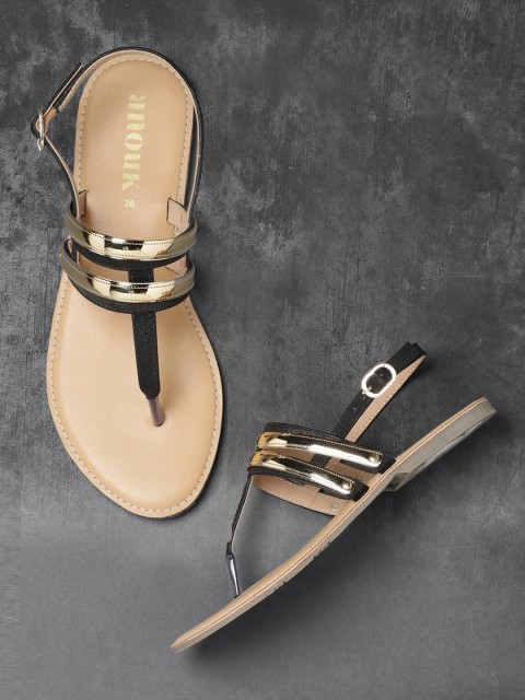

Anouk Women Black & Gold-Toned Solid T-strap Flats