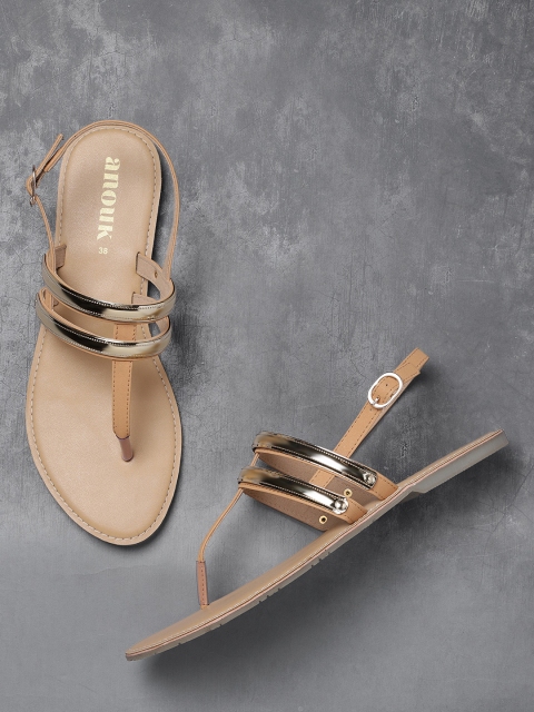 

Anouk Women Brown & Gold-Toned Solid Synthetic T-Strap Flats