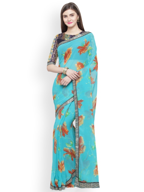 

Shaily Blue & Sea Green Pure Georgette Printed Saree