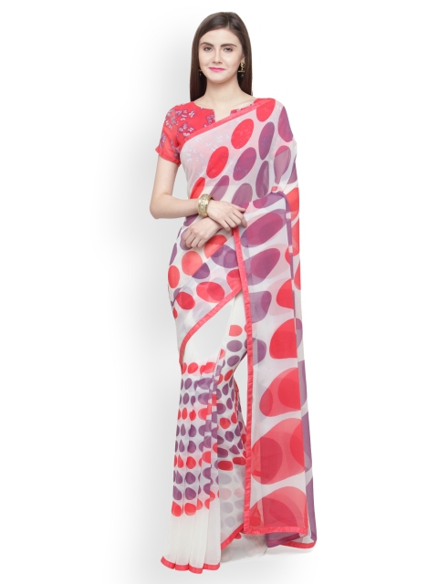 

Shaily Cream-Coloured & Pink Pure Georgette Printed Saree