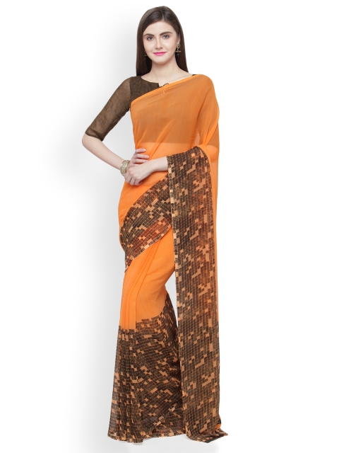 

Shaily Orange & Brown Printed Pure Georgette Saree