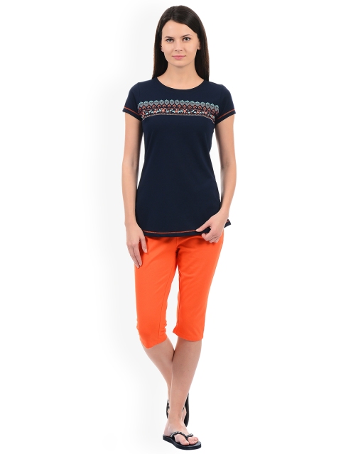 

Sweet Dreams Women Navy Blue & Orange Solid Night Suit 218318