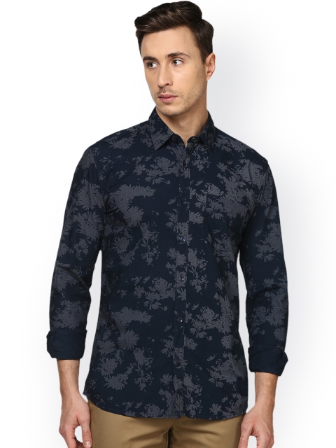 

Parx Men Navy Blue Slim Fit Printed Linen Casual Shirt