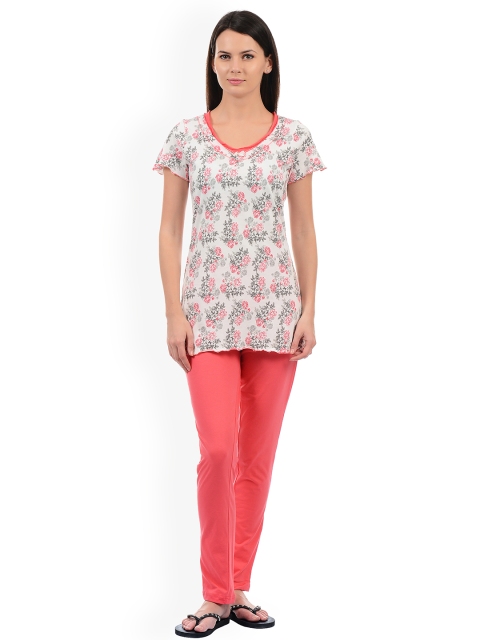 

Sweet Dreams Women White & Coral Pink Printed Night Suit with Lettuce Edge Detail