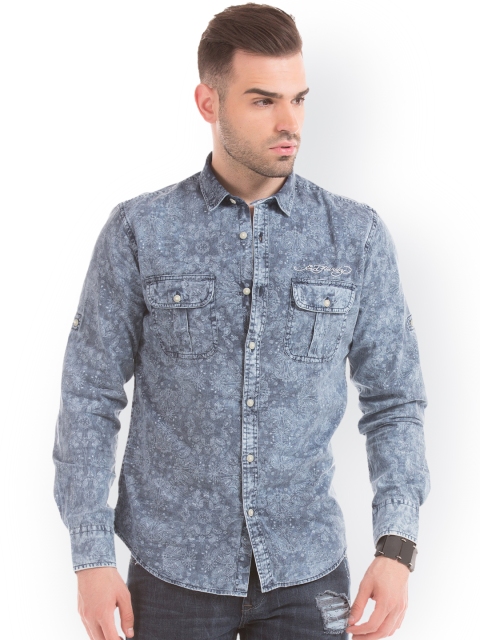 

Ed Hardy Men Blue Standard Regular Fit Printed Denim Casual Shirt