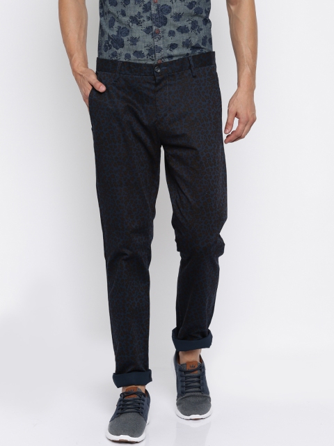 

United Colors of Benetton Men Blue & Maroon Printed Slim Fit Casual Trousers
