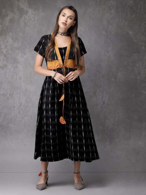 

Anouk Women Black & Mustard Yellow Ikat A-Line Kurta