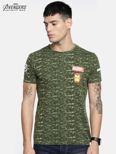 

Jack Jones Men Olive Green Camouflage Printed Round Neck Pure Cotton T-shirt