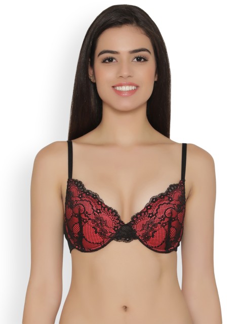 

Clovia Lace Padded Underwired Bra, Red