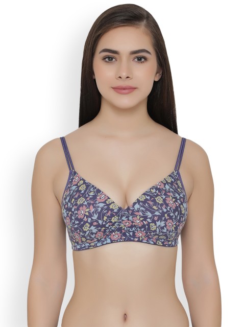 

Clovia Cotton Padded Non-Wired Floral Print T-Shirt Bra, Blue