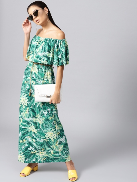 

SASSAFRAS Women Green Printed Off-Shoulder Layered Maxi Dress