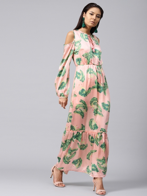 

SASSAFRAS Women Pink & Green Cold-Shoulder Printed Maxi Dress