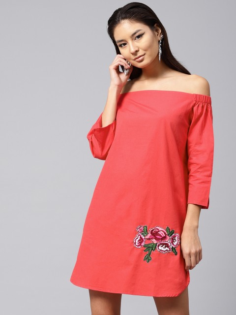 

SASSAFRAS Women Coral Pink Solid Off-Shoulder A-Line Dress