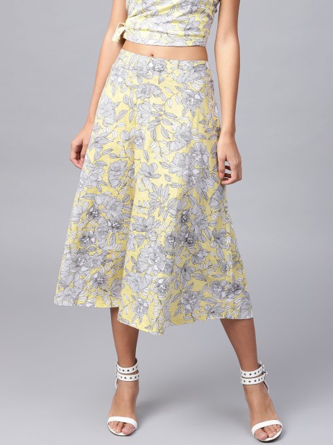 

SASSAFRAS Yellow & White Printed Midi A-Line Pure Cotton Skirt