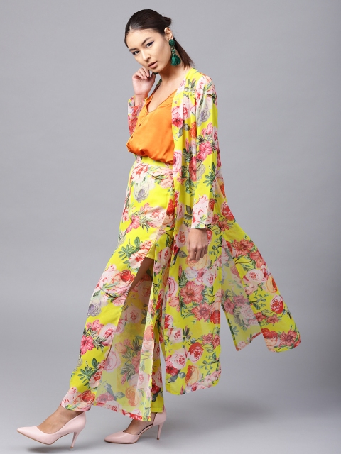 

SASSAFRAS Yellow & Green Printed Sheer Open Front Longline Shrug