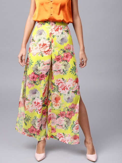 

SASSAFRAS Women Yellow & Pink Regular Fit Printed Parallel Trousers