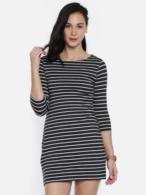 

People Women Charcoal Grey & White Striped A-Line Dress