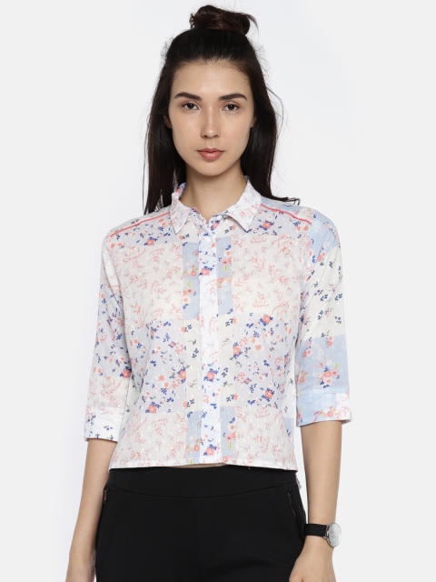 

People Women White & Blue Regular Fit Printed Casual Shirt