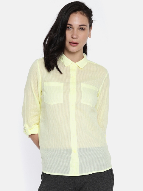 

People Women Yellow Regular Fit Striped Semi-Sheer Casual Shirt